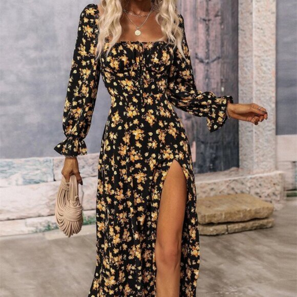 Floral Print Square Neck Flounce Sleeve Split Thigh Dress Maxi Women - Picture 2 of 5